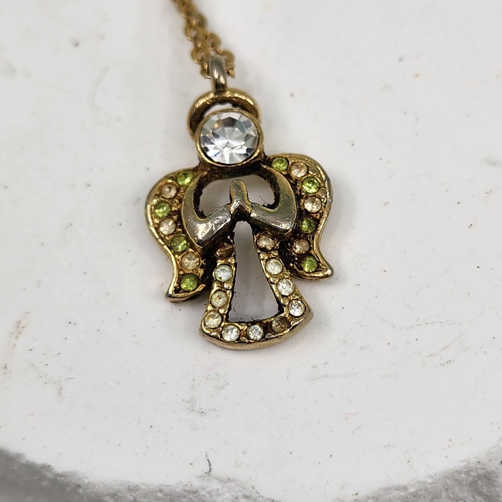 Signed DM Angel Pendant Necklace Gold Tone Clear Green Rhinestone Charm Whimsy